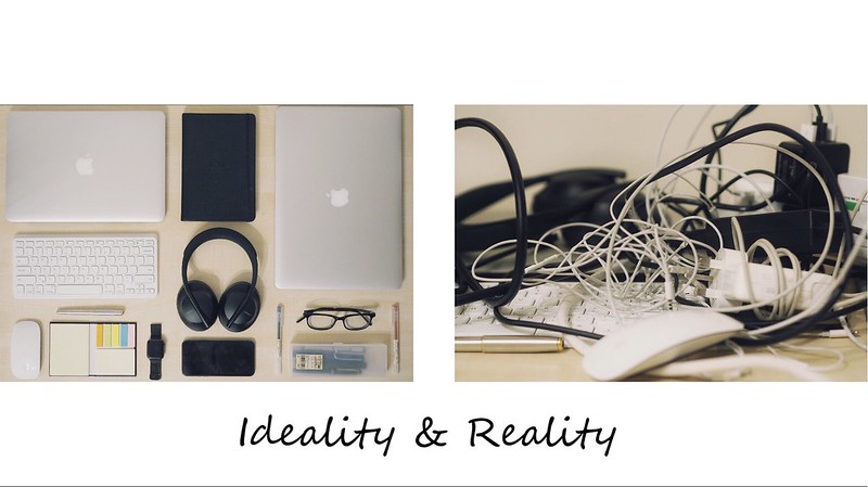 Two photos, one showing an tidy organised work-space and one showing a mess of computer cables. Captioned Ideality & Reality.